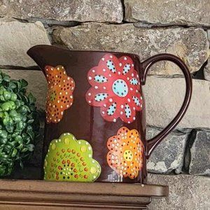 Vintage Laurie Gates Ceramic Chocolate Brown Pitcher With Flowers